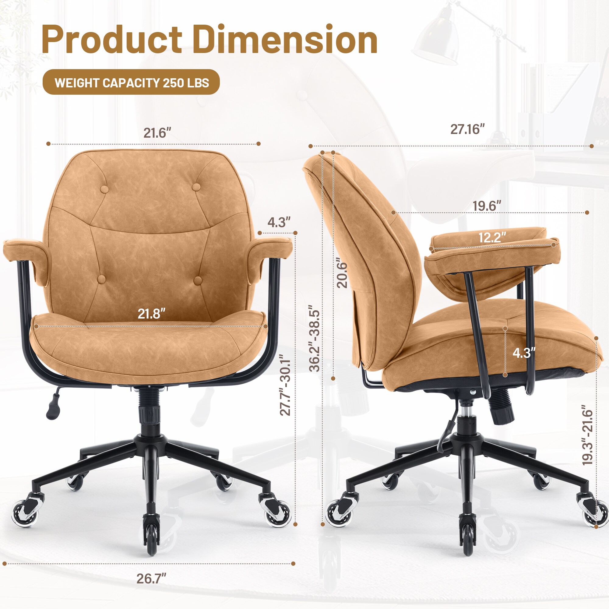 Home Office Desk Chair Retro Leather Chair With Lumbar Support &Rubber Wheels, Mid Back Ergonomic Computer Chair Swivel Rolling Work Chair_maomaolike.com